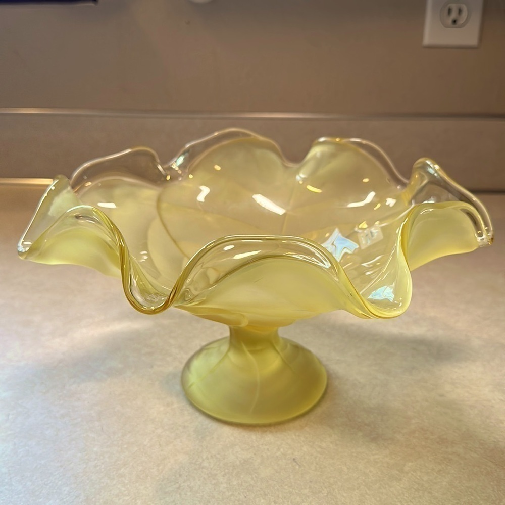 Vintage Viking Satin Frosted Cabbage Leaf Pedestal Bowl- Yellow
